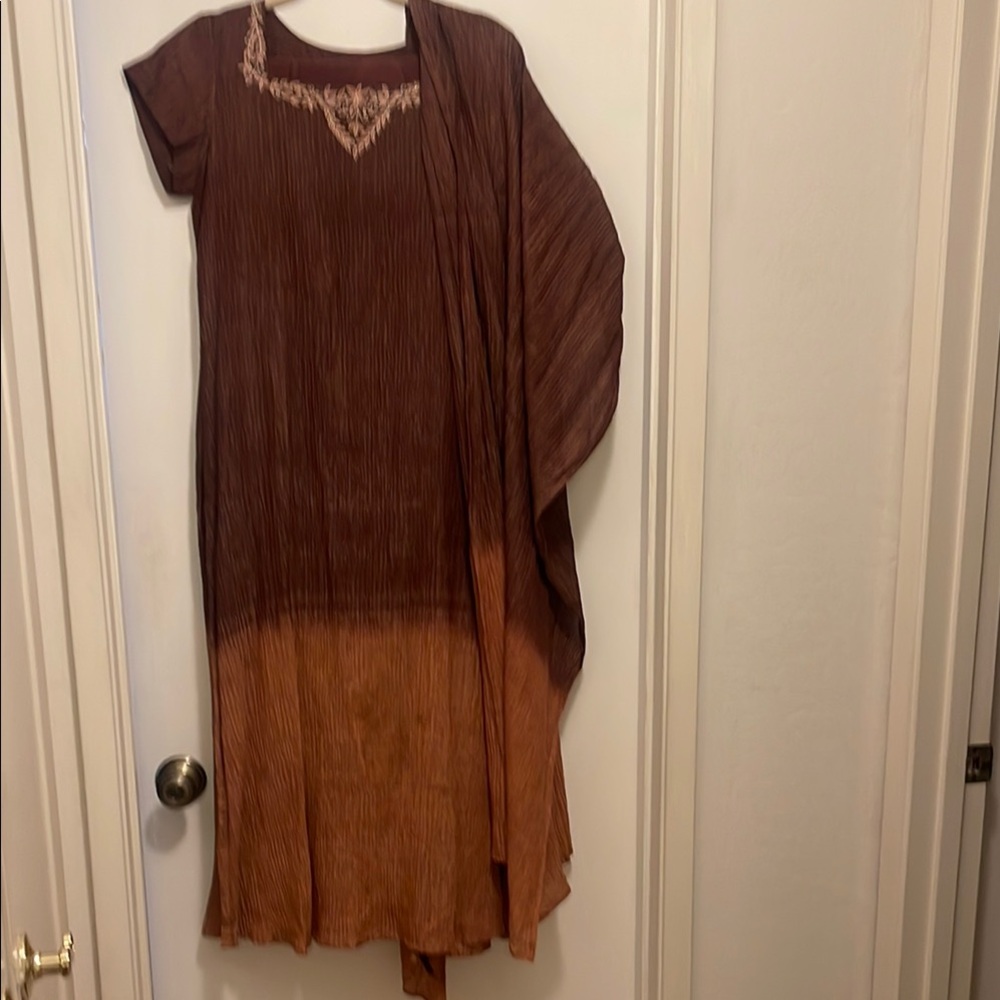 Sharara Suit Brown and Tan shimmery Embroidered Dress with Shawl, wide pants